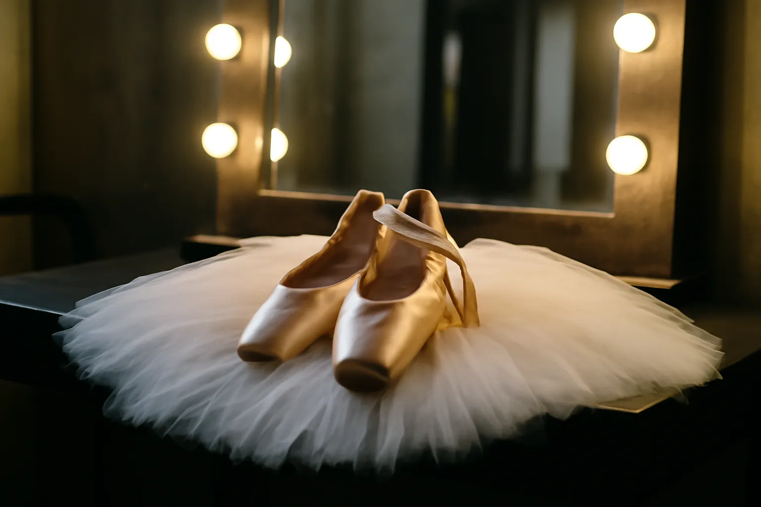 Chaussons de pointe et tutu blanc devant un miroir de loge entouré d'ampoules