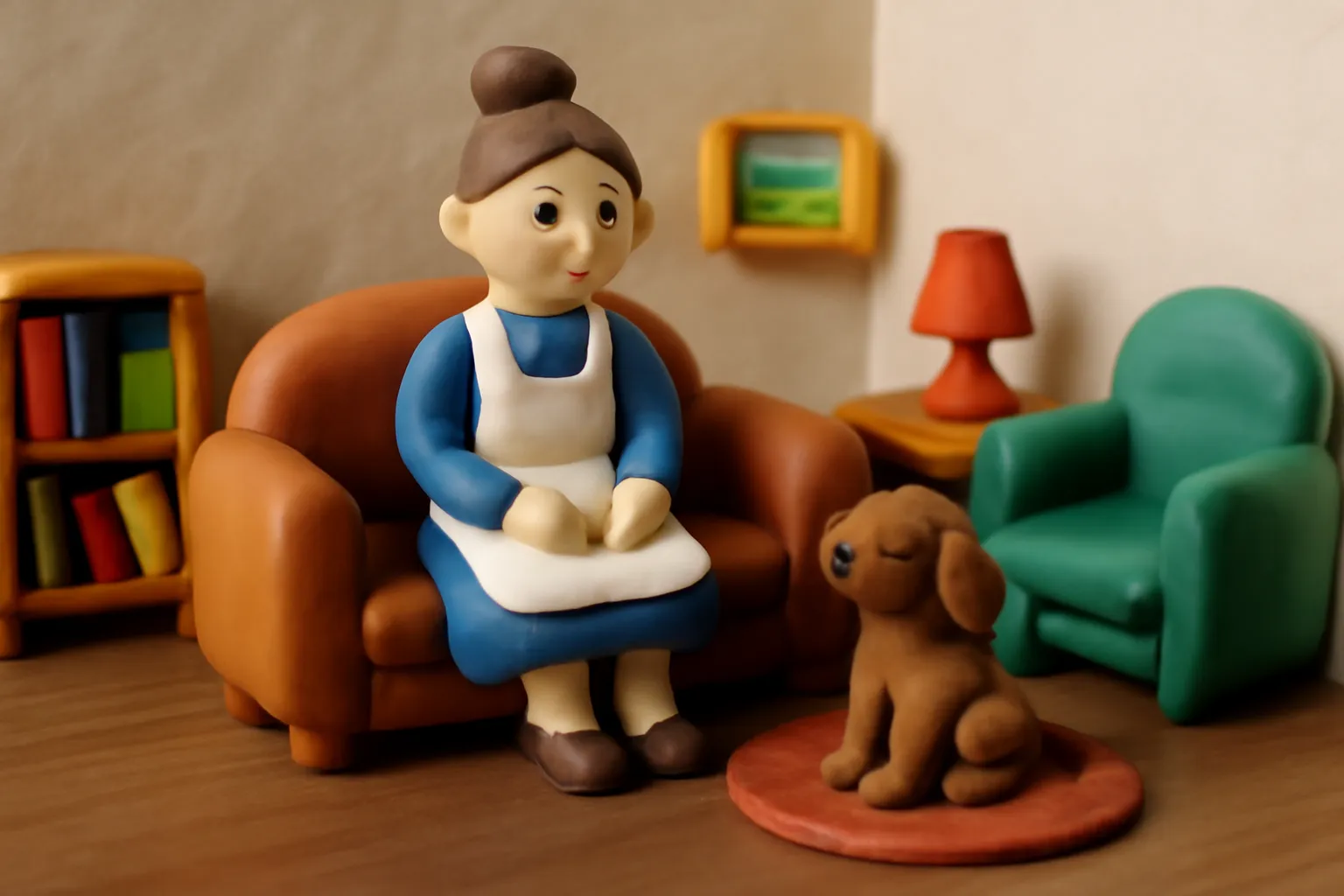 Décor miniature en pâte à modeler avec une nounou, un chiot et un petit salon