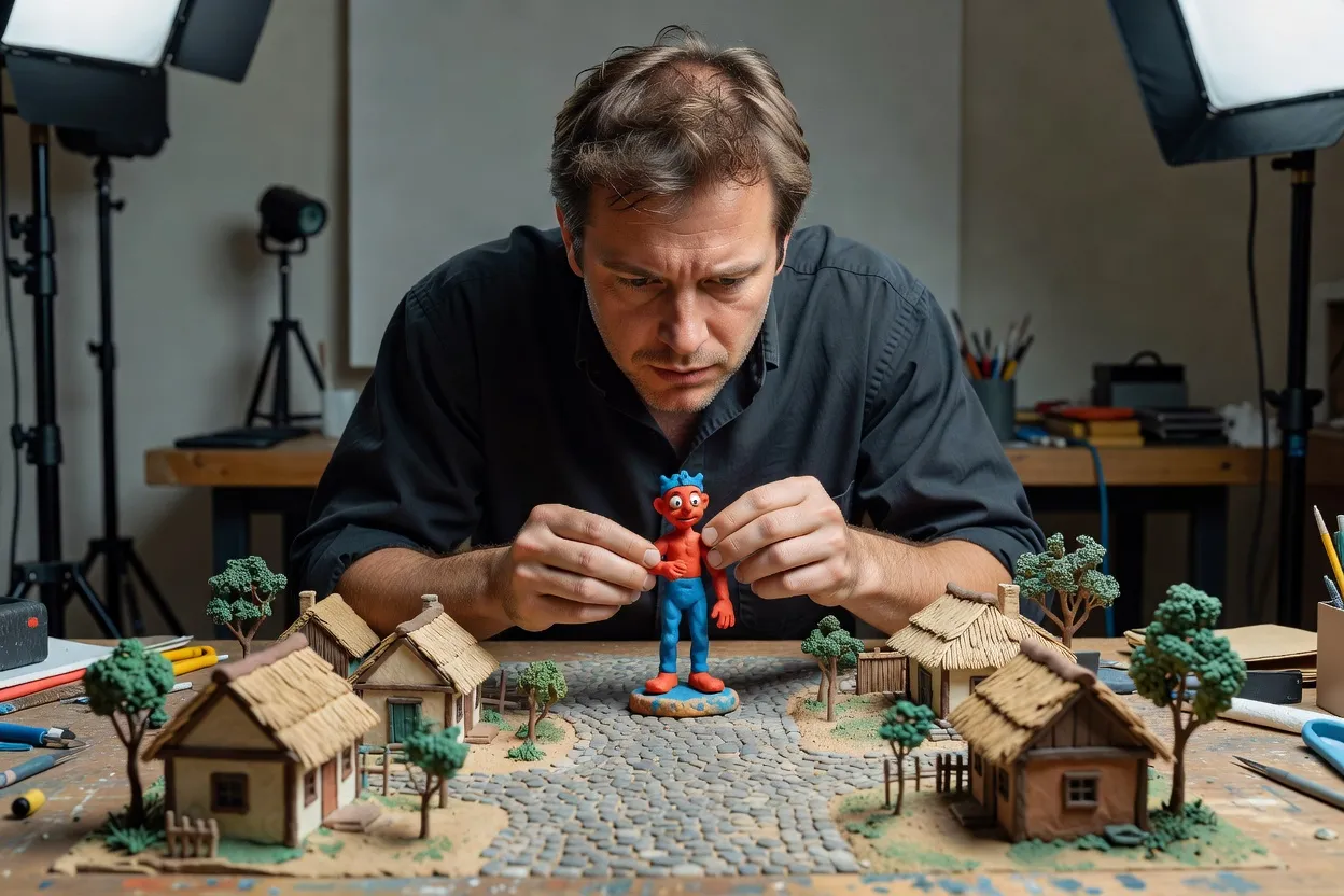 Animateur ajustant une petite marionnette en pâte à modeler sur un décor miniature