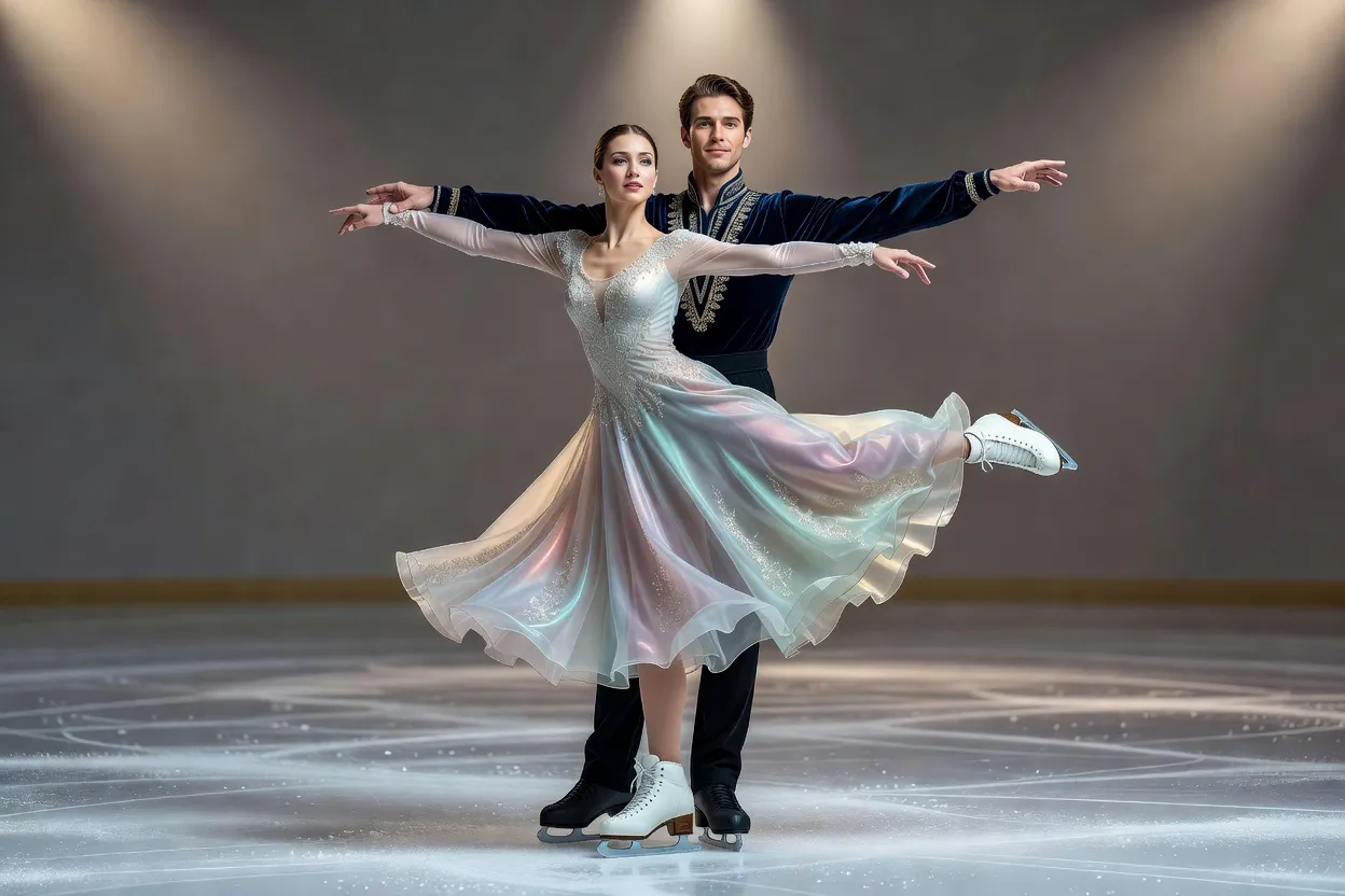 Couple de patineurs en costumes de conte de fées exécutant un porté sur la glace