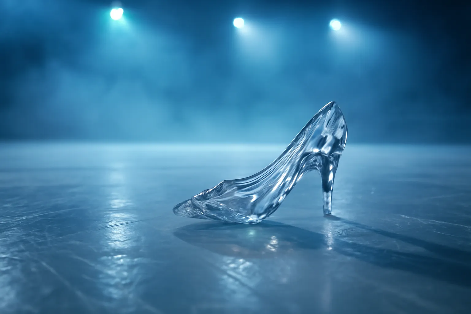 Pantoufle de verre posée sur la glace d'une patinoire, dans une lumière bleutée