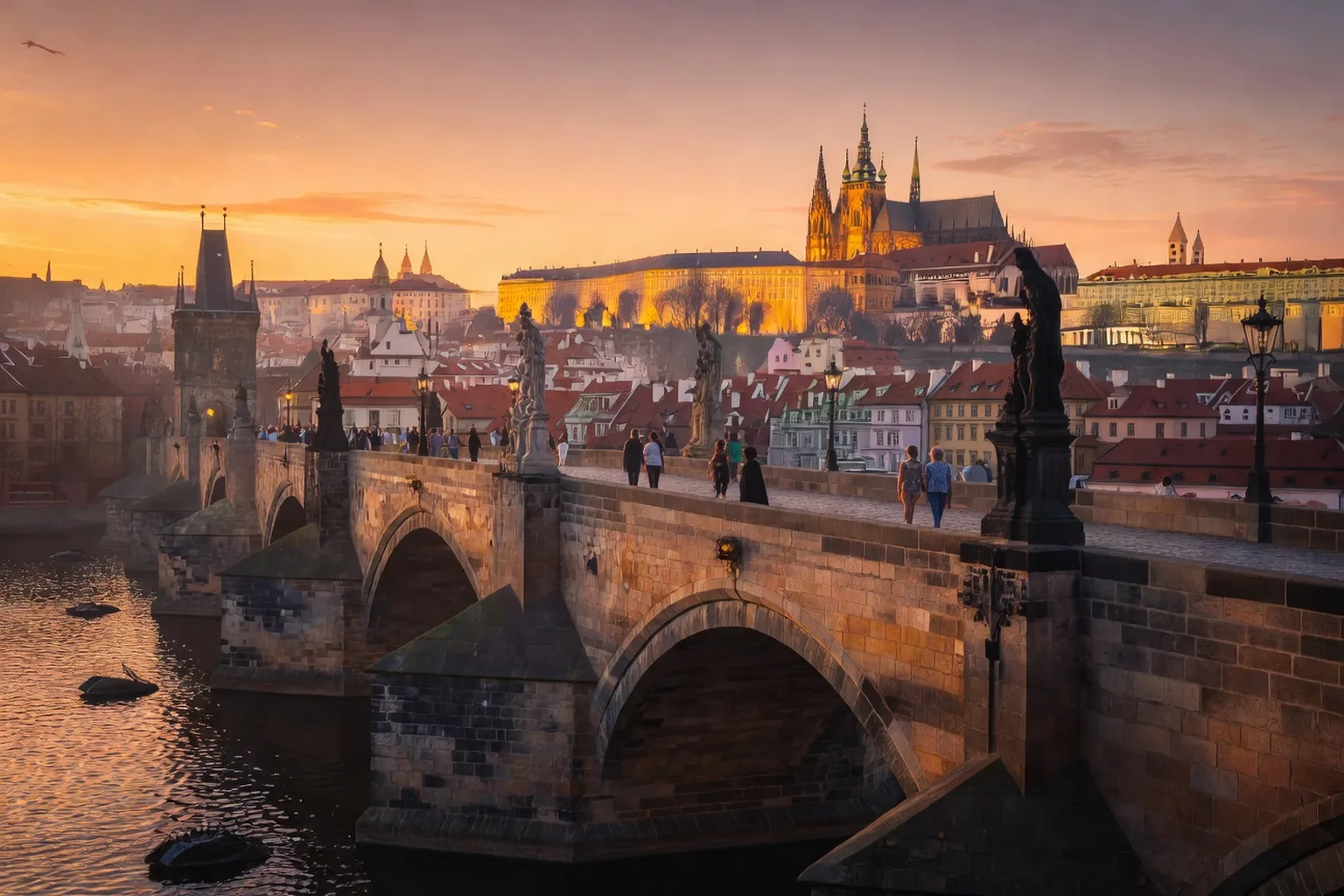 Vue panoramique de Prague avec le pont Charles et la Vltava au coucher du soleil