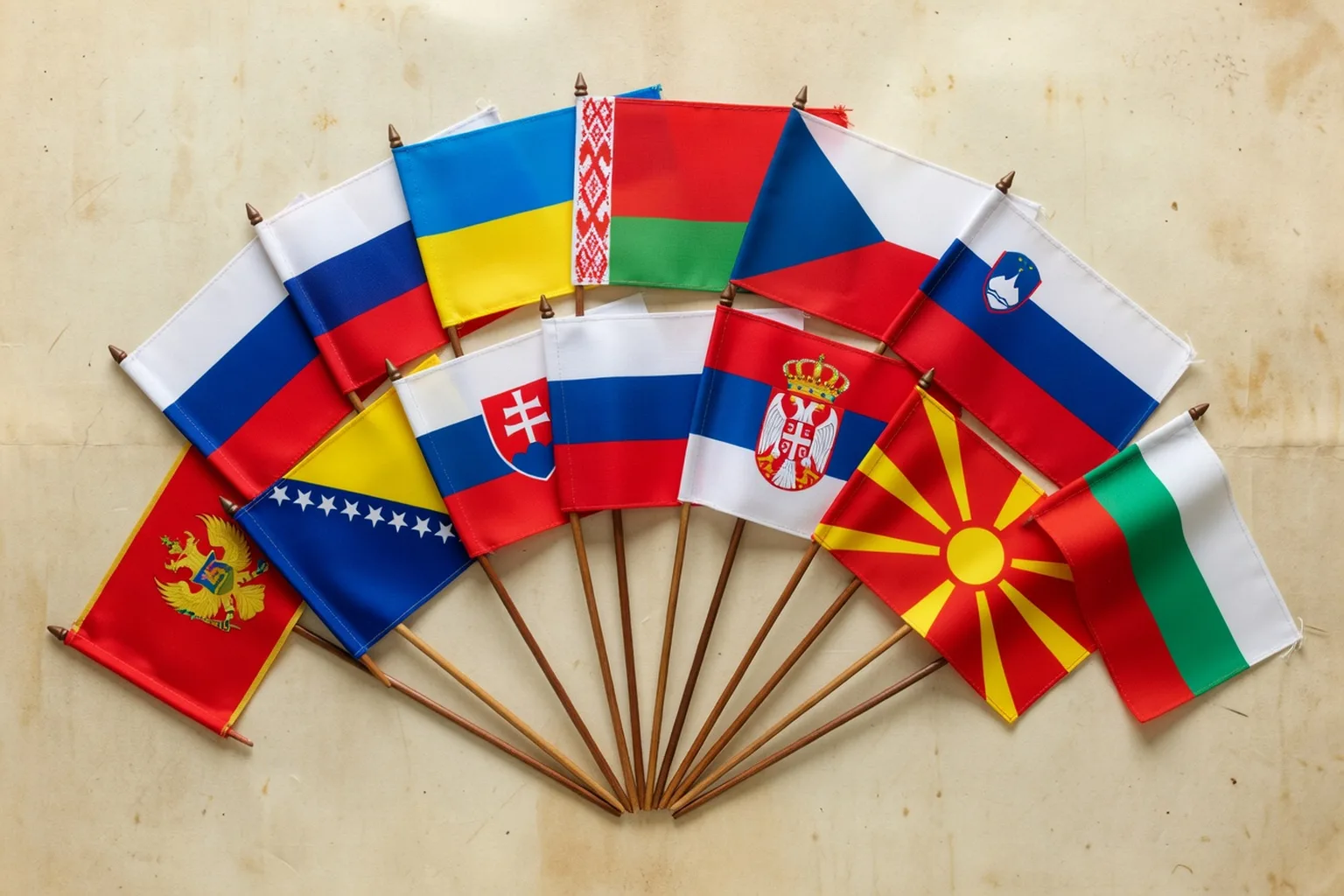 Drapeaux des 13 pays slaves d'Europe disposes en composition editoriale