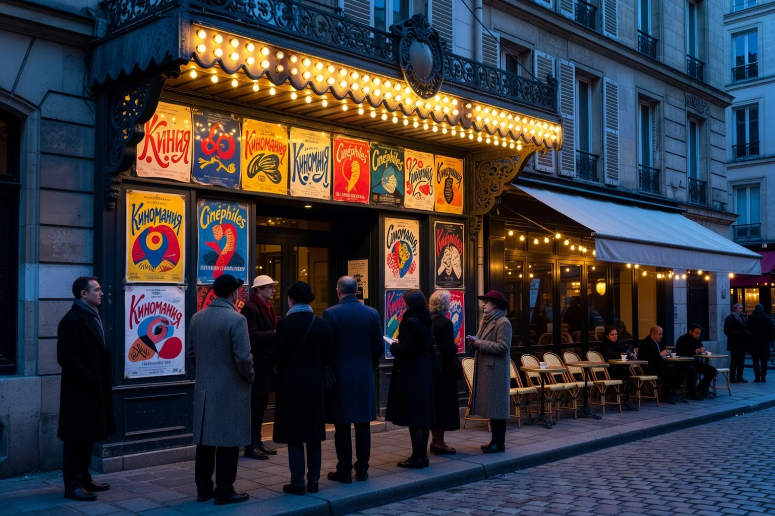 Salle de cinema d'art et essai parisienne avec affiche de cinema russe