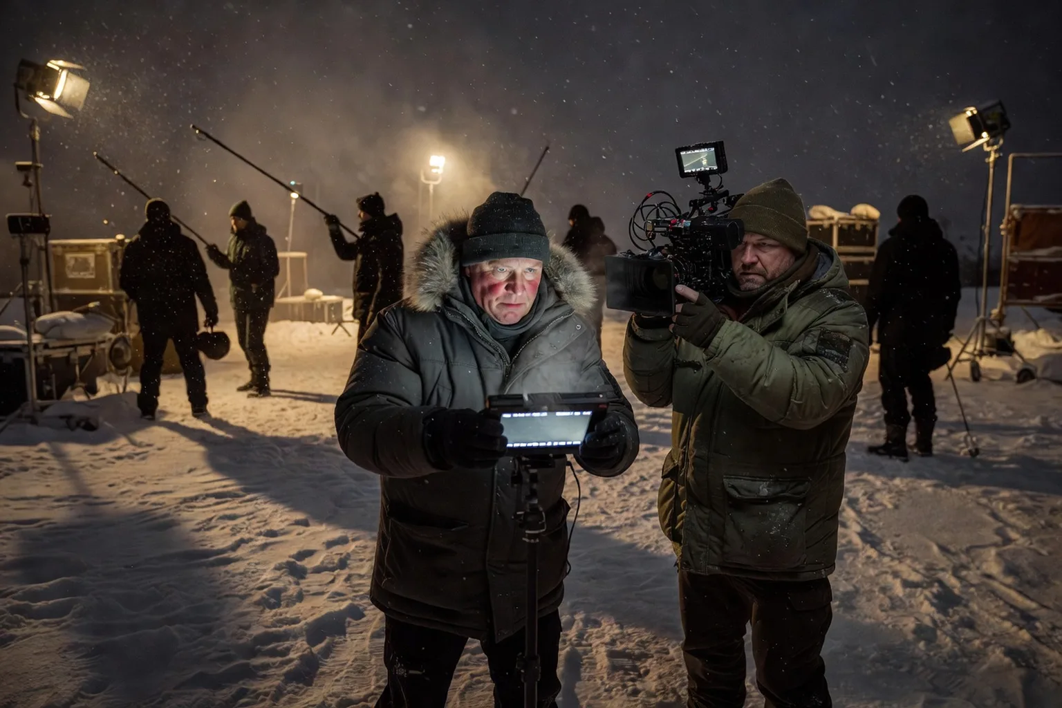 Plateau de tournage cinematographique russe avec realisateur et cameraman