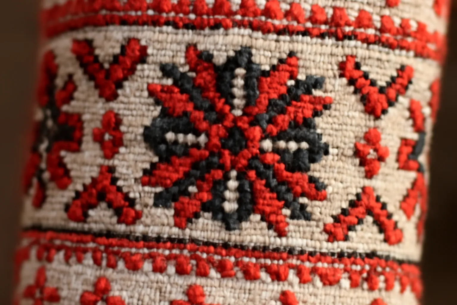 Détail de broderie traditionnelle russe sur chemise roubakha