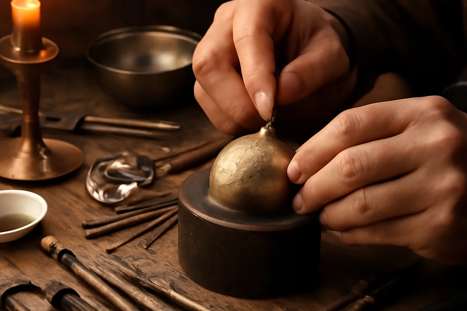 Atelier d'orfèvre russe du XIXe siècle, outils de guillochage et pièces en cours