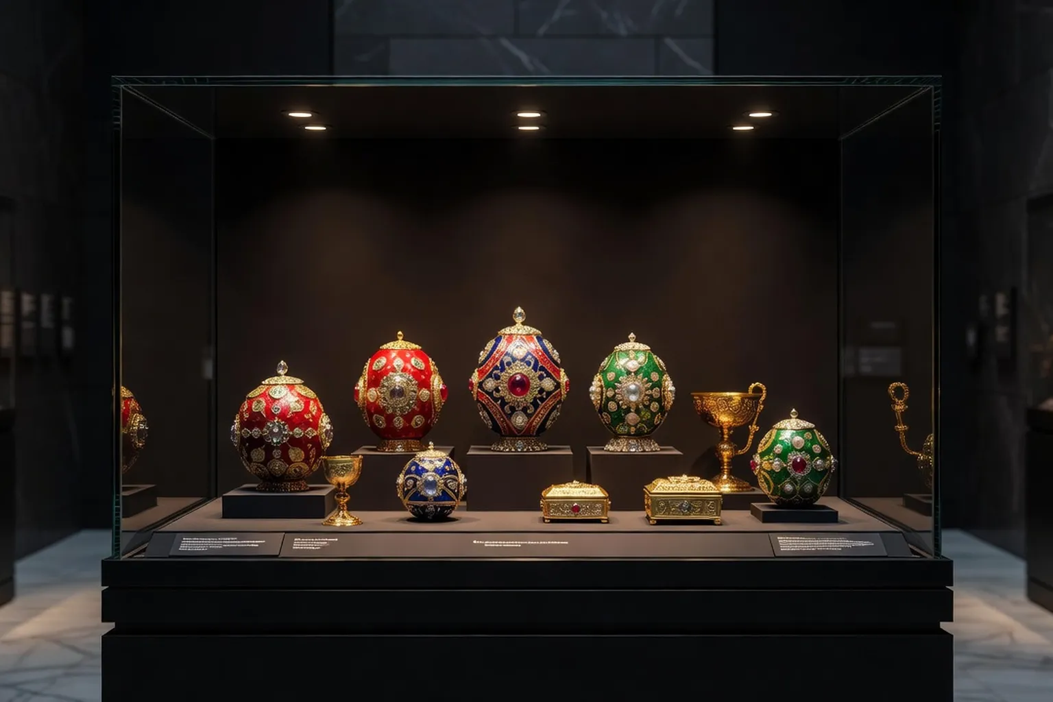 Vitrine de musée présentant une collection d'oeufs et objets Fabergé