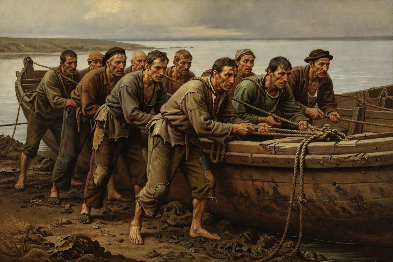 Detail d'une toile de Repin "Les bateliers de la Volga", style realisme russe