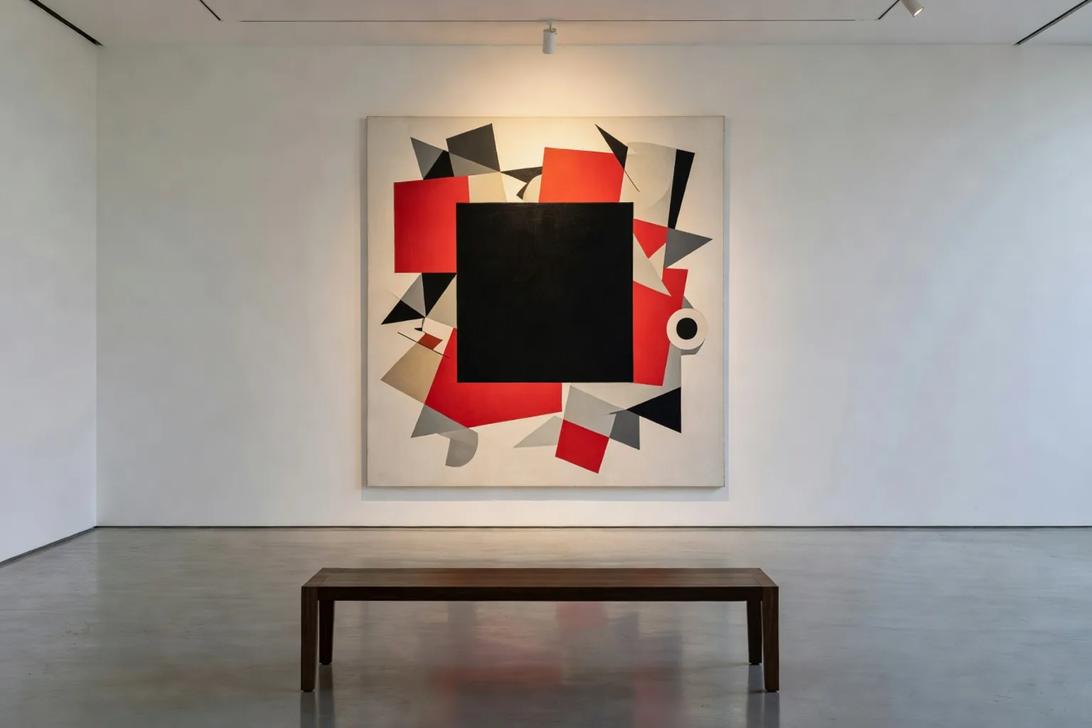 Composition suprematiste rappelant Malevitch, ambiance de galerie d'art moderne
