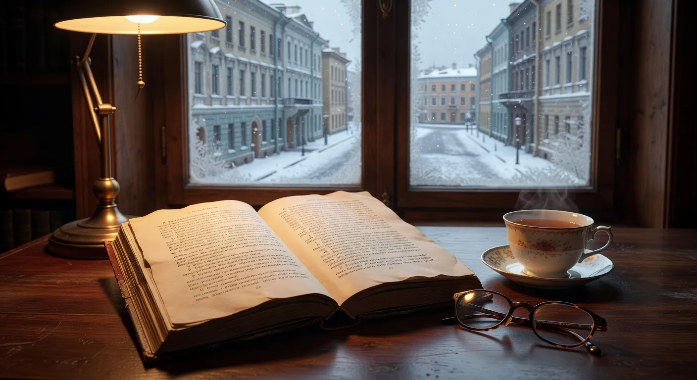 Manuscrit ancien sur un bureau en bois avec une plume d'oie et un encrier, evoquant l'ecriture des grands romanciers russes du XIXe siecle