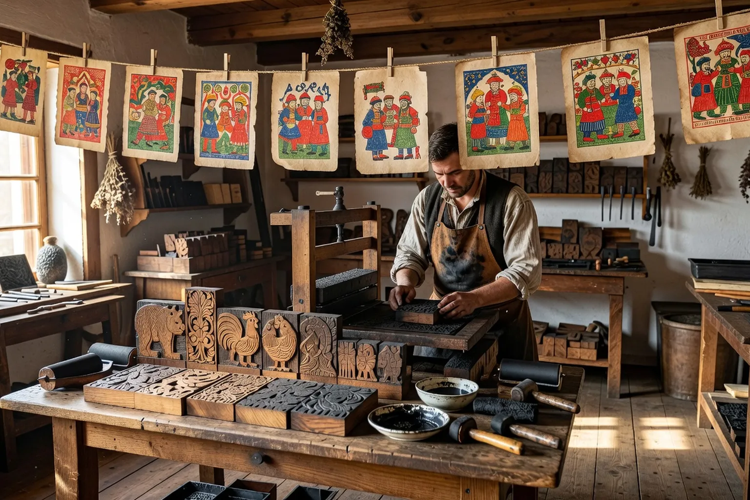 Atelier de gravure sur bois traditionnel russe, planches de loubok