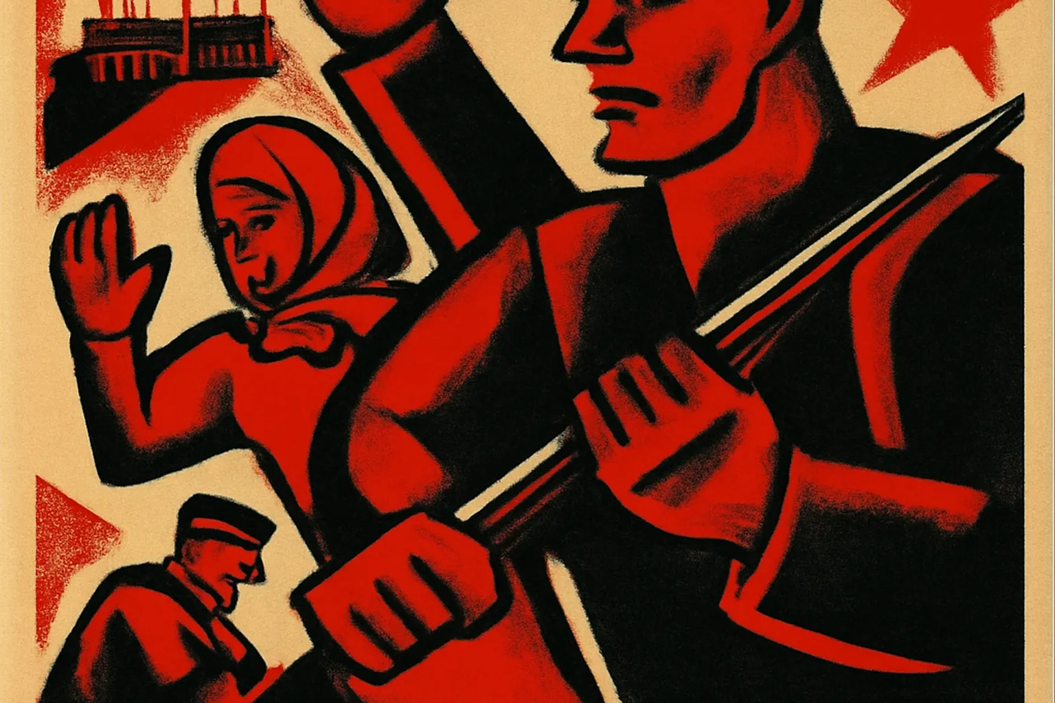 Affiche de propagande soviétique inspirée du style loubok, couleurs vives
