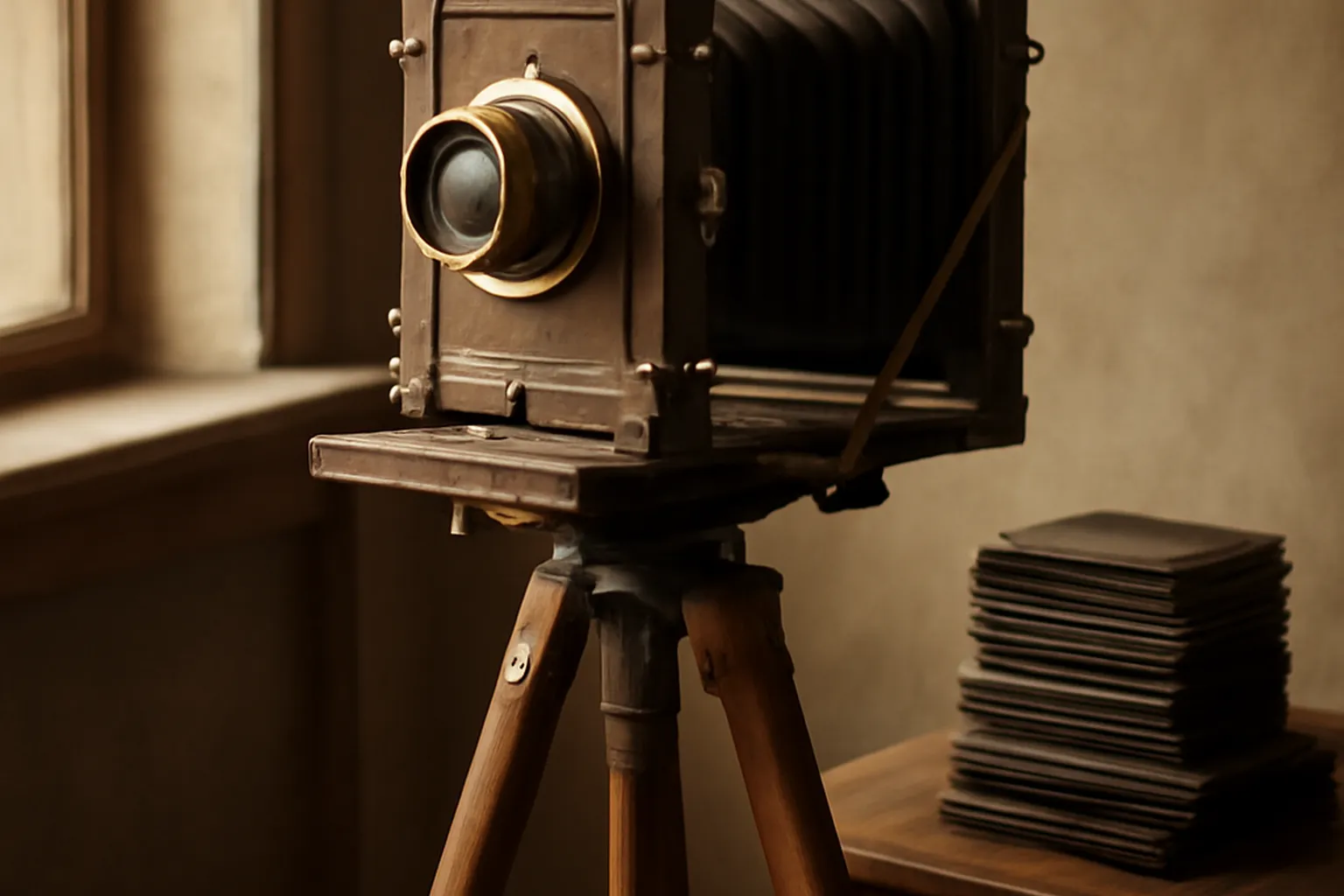 Appareil photo ancien et plaques de verre, atelier de photographie début XXe siècle