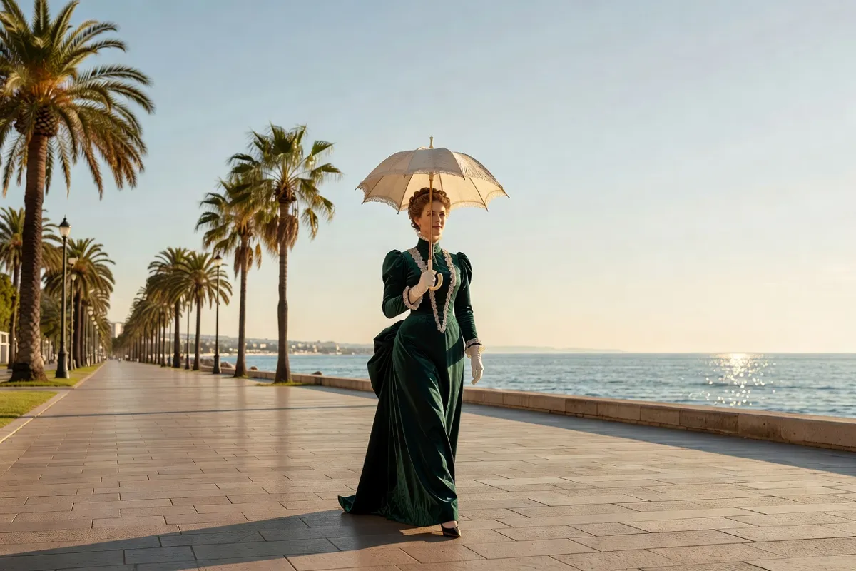 Femme élégante en robe du XIXe siècle se promenant sur une promenade bordée de palmiers au bord de la mer