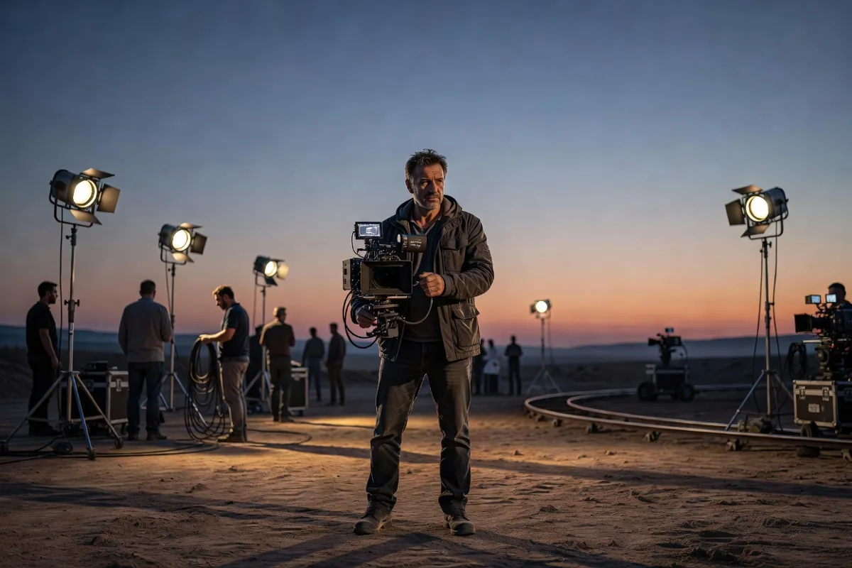 Réalisateur avec une caméra sur un plateau de tournage au crépuscule