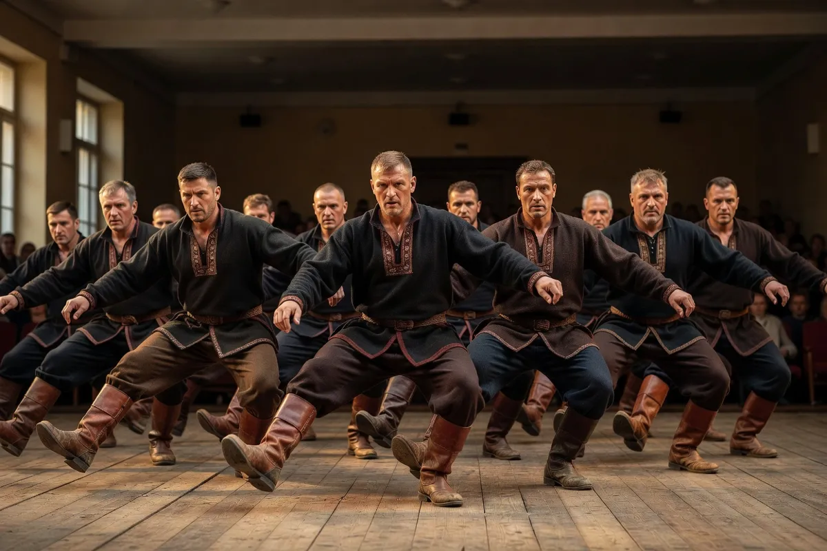 Danseurs en tuniques et bottes traditionnelles exécutant une danse accroupie sur scène