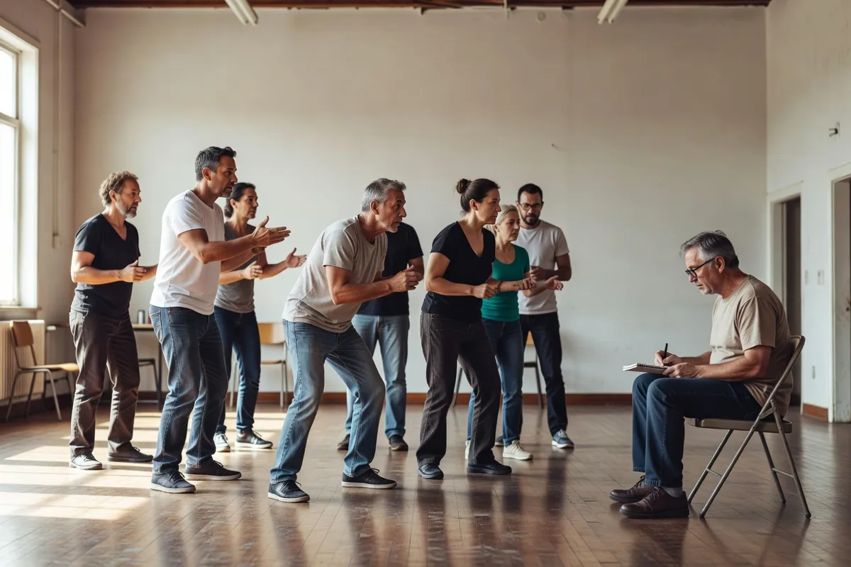 Comédiens en répétition dans une salle claire avec un metteur en scène prenant des notes