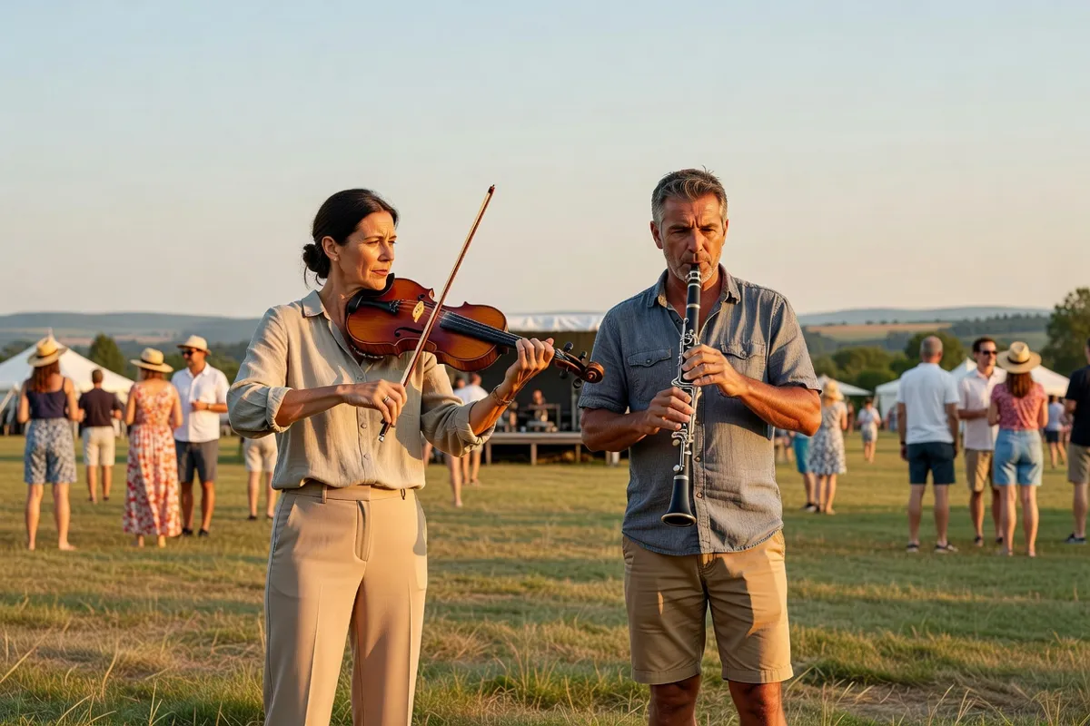 Musiciens jouant violon et clarinette lors d'un festival d'été en plein air