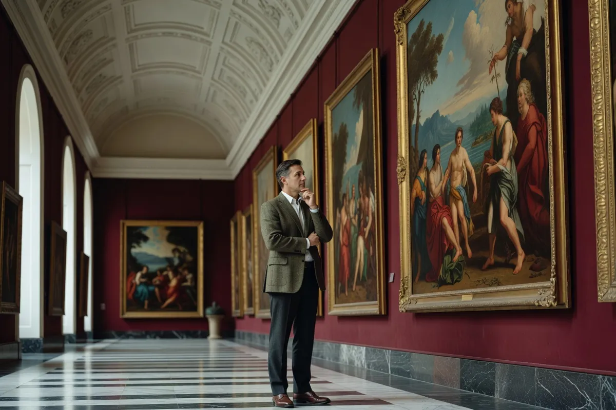 Visiteur devant de grands tableaux encadrés dans une galerie de musée classique