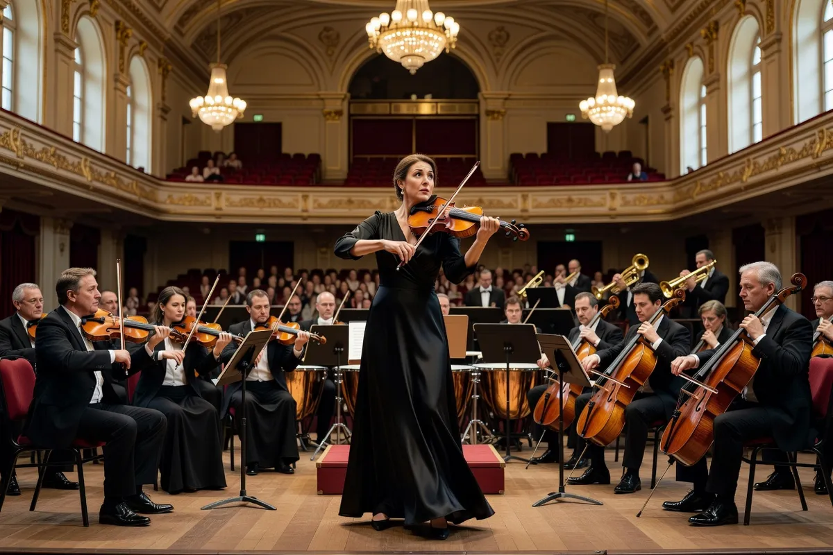 Violoniste soliste debout face à un orchestre dans une salle de concert