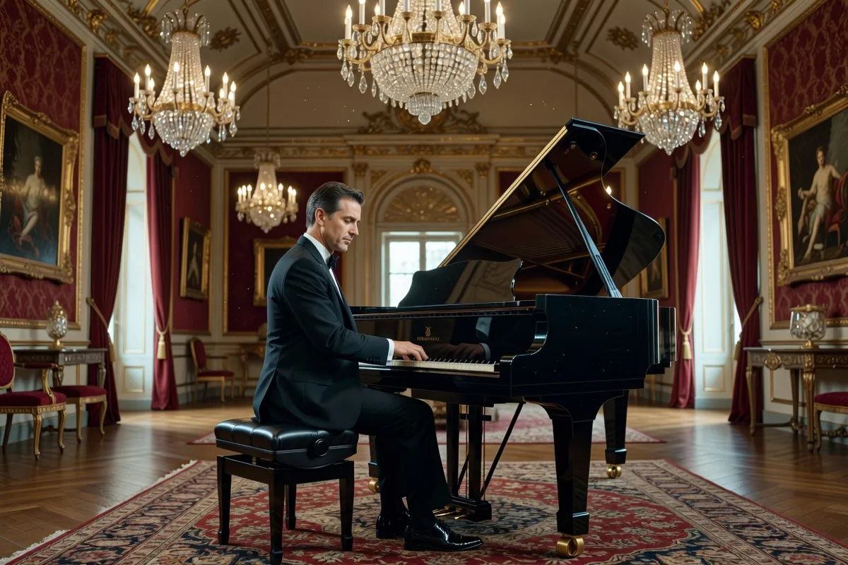 Pianiste en tenue de soirée jouant dans un salon orné de lustres