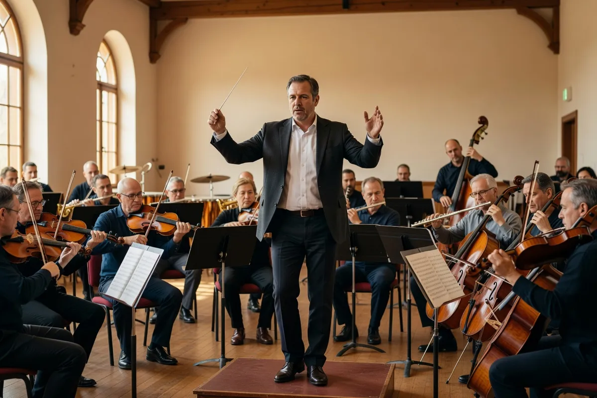 Chef d'orchestre baguette en main répétant avec son orchestre dans une salle de répétition