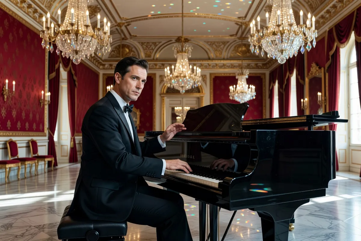 Pianiste en tenue de soirée jouant dans un salon orné de lustres