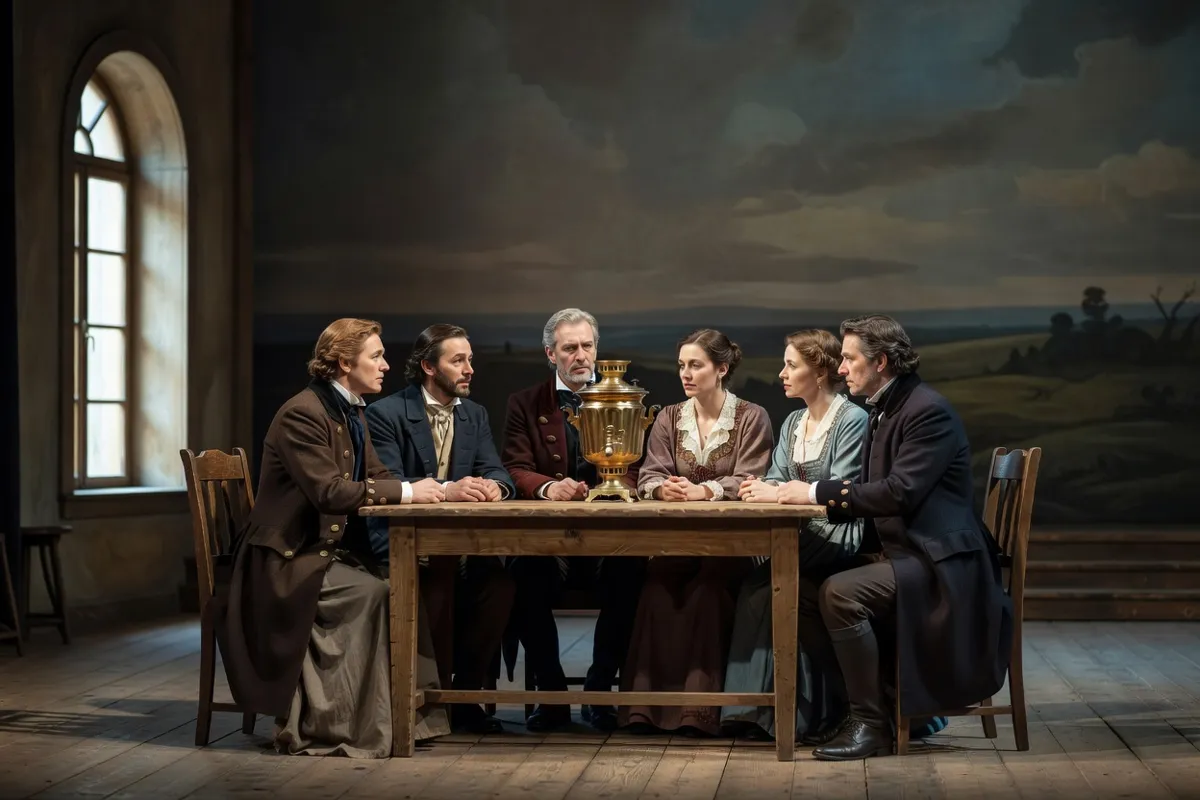 Comédiens en costumes du XIXe siècle autour d'un samovar sur une scène de théâtre