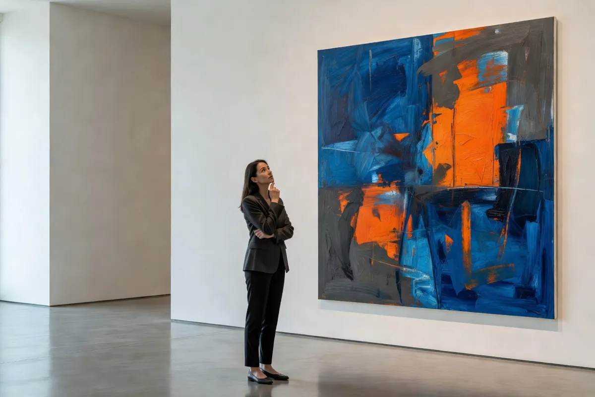 Visiteuse dans une galerie d'art contemporain devant une grande toile abstraite