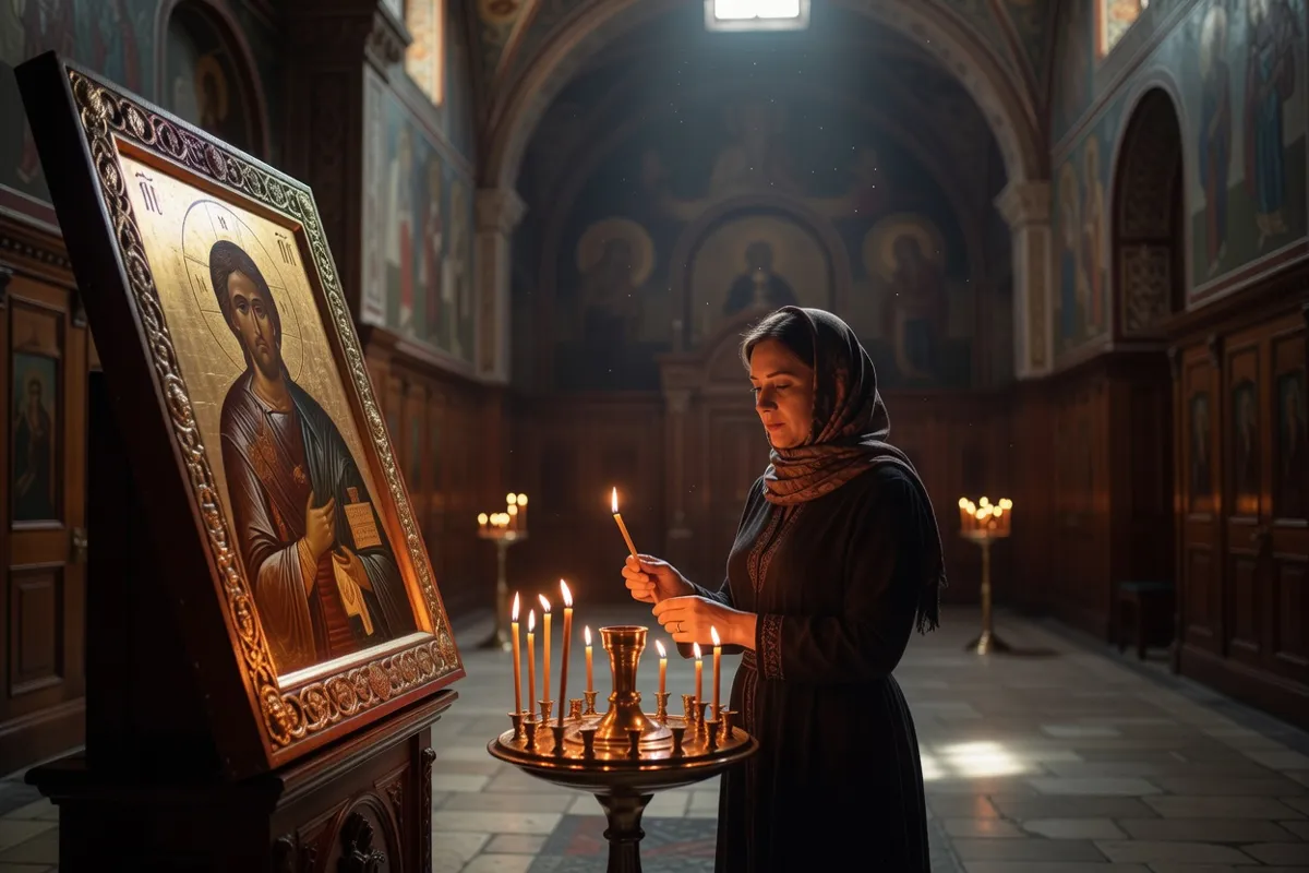 Femme allumant un cierge devant une icône dans une église orthodoxe