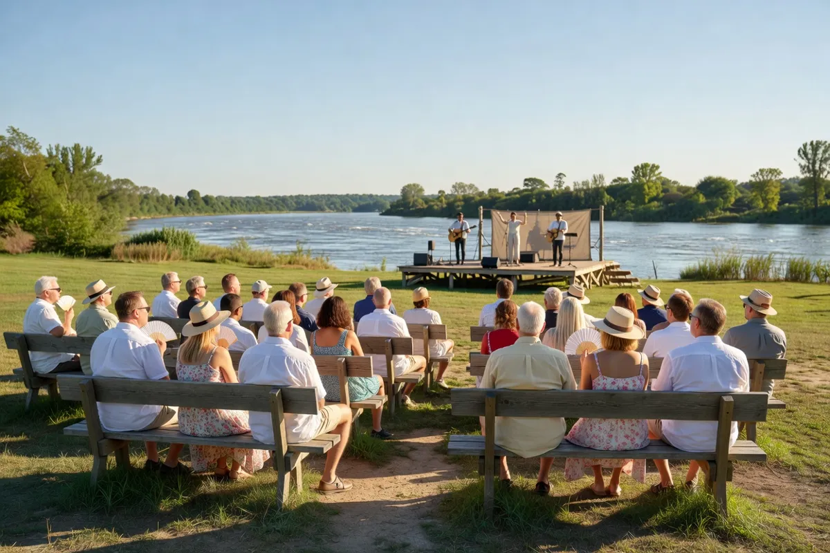 Public adulte assis sur des bancs devant une scène en plein air au bord d'une rivière