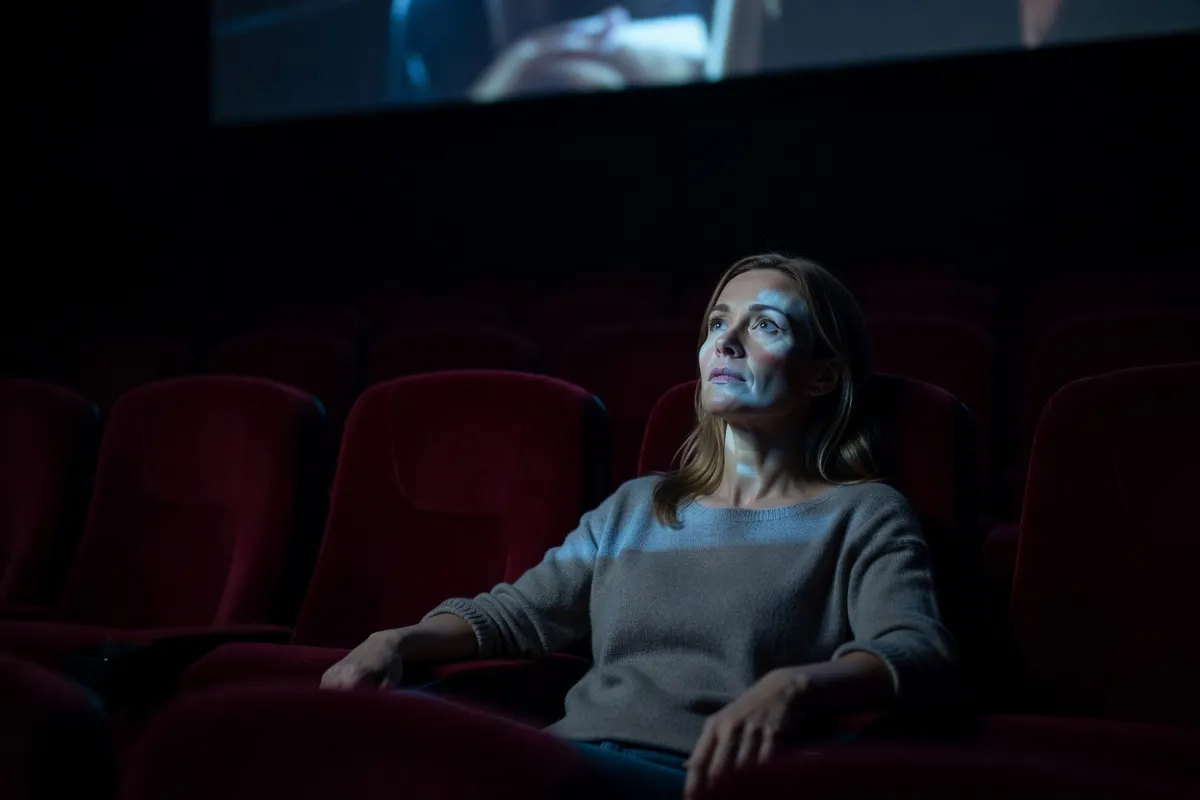 Spectatrice dans une salle de cinéma obscure, visage éclairé par l'écran