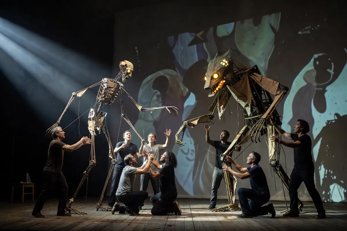 Comédiens dans un théâtre expérimental avec grandes marionnettes et projections, lumière dramatique