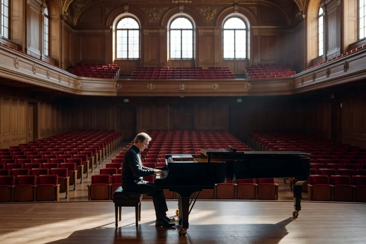 Pianiste répétant seul dans une salle de concert vide en plein jour
