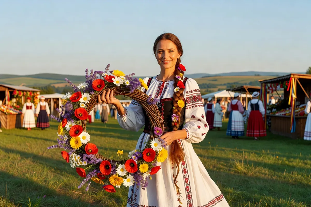 Femme en costume folklorique tenant une couronne de fleurs lors d'un festival d'été
