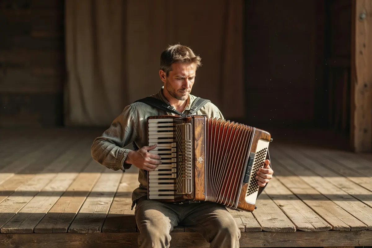 Accordéoniste jouant du bayan sur une scène de bois