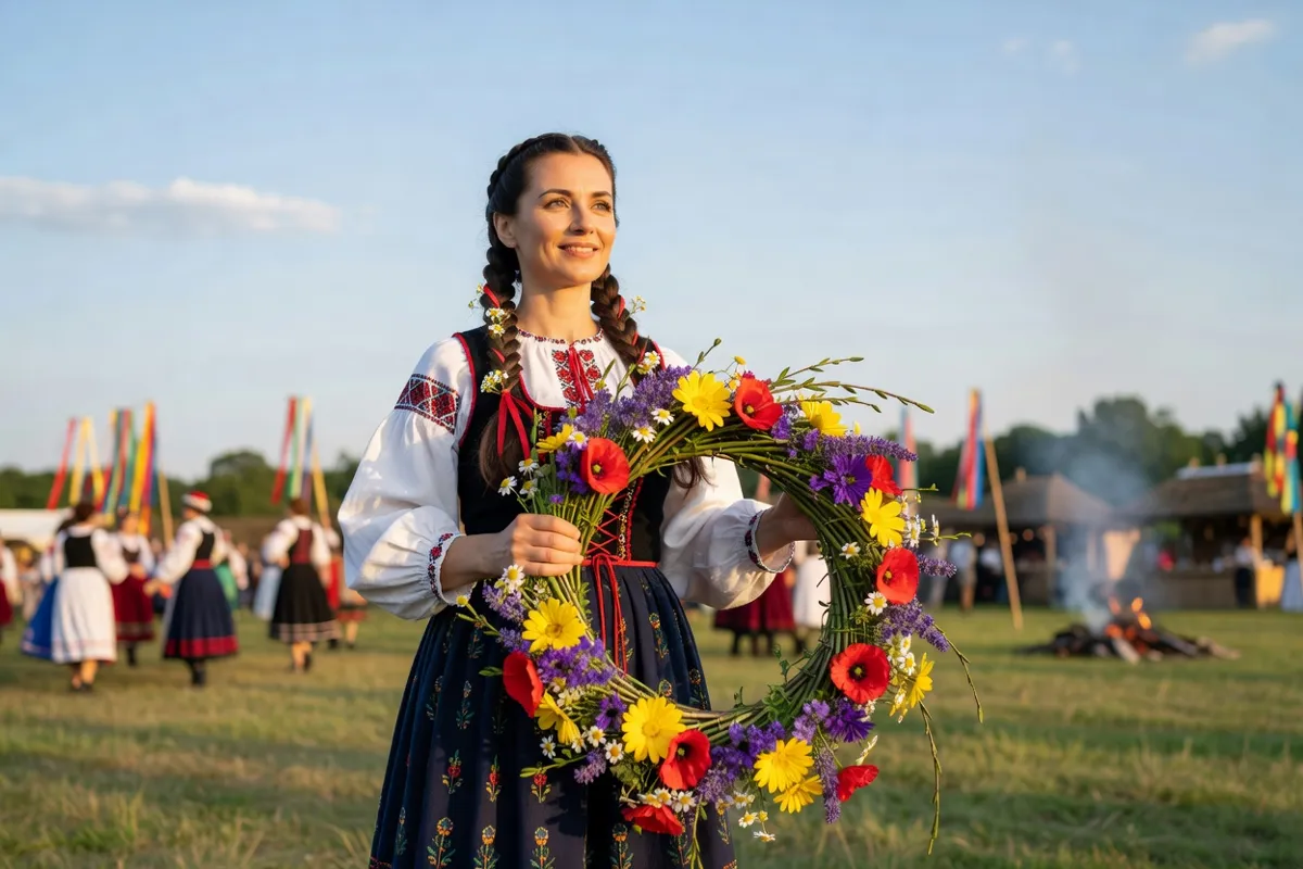 Femme en costume folklorique tenant une couronne de fleurs lors d'un festival d'été