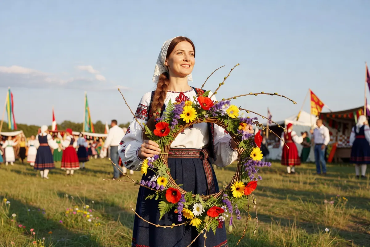 Femme en costume folklorique tenant une couronne de fleurs lors d'un festival d'été