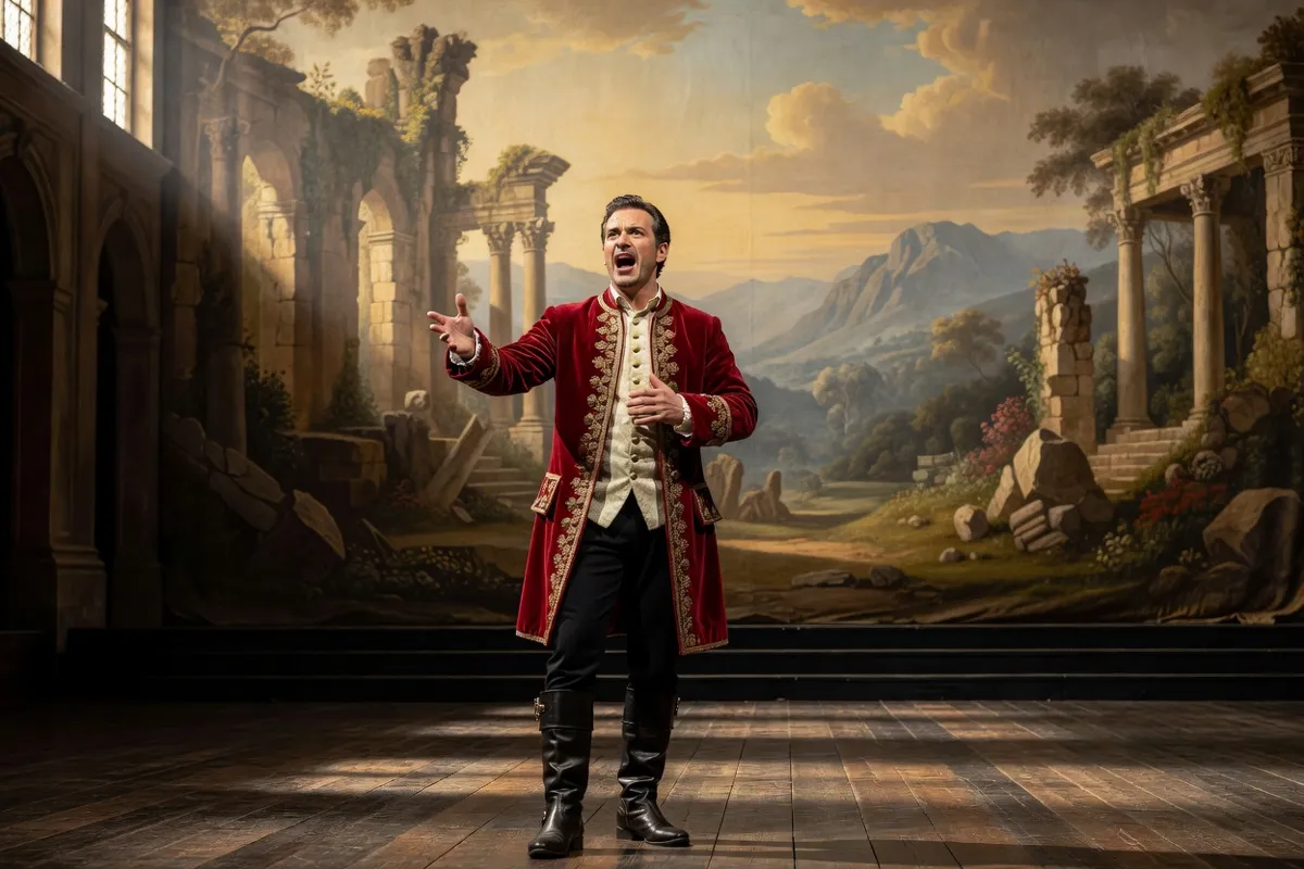 Chanteur d'opéra en costume historique sur une scène au décor peint