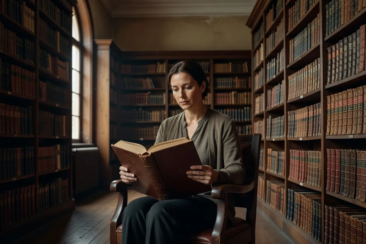 Lectrice plongée dans un gros roman relié cuir dans une vieille bibliothèque