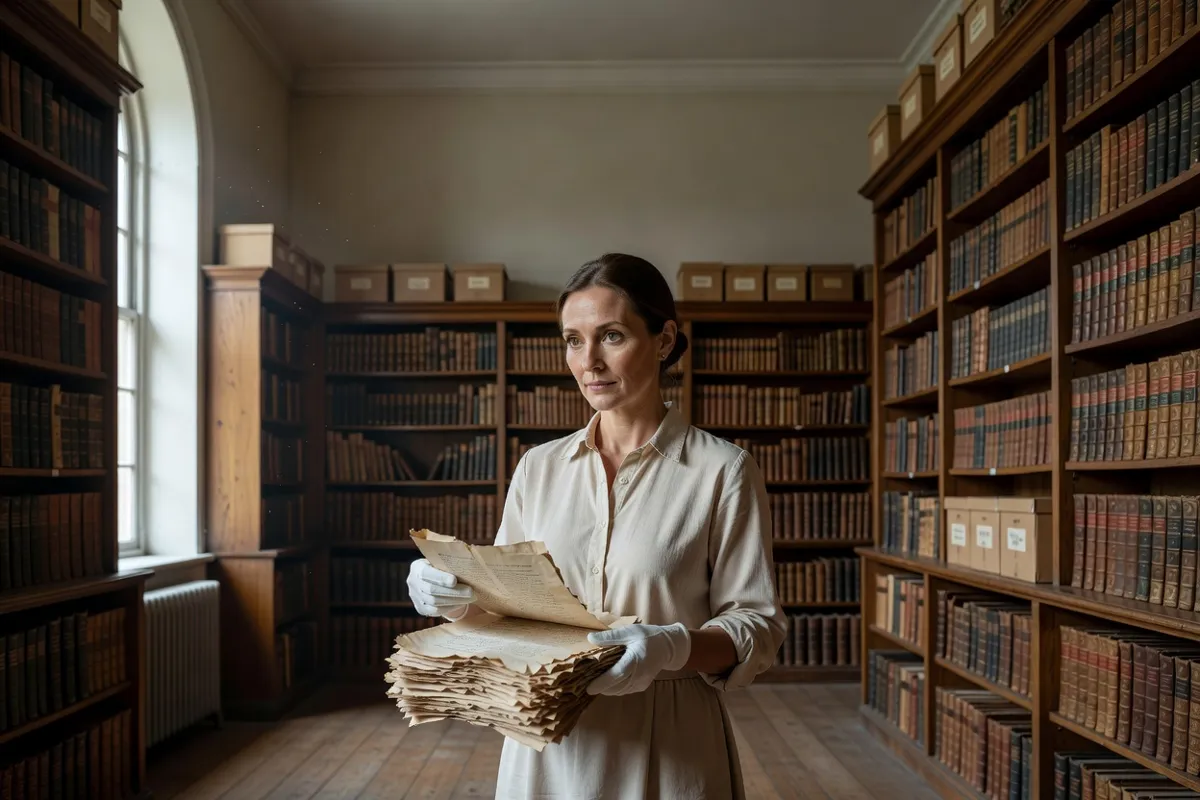 Archiviste gantée de blanc manipulant des documents anciens dans une salle d'archives