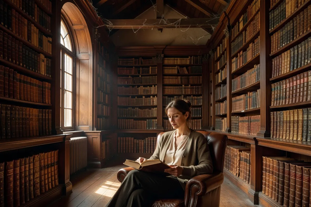 Lectrice plongée dans un gros roman relié cuir dans une vieille bibliothèque