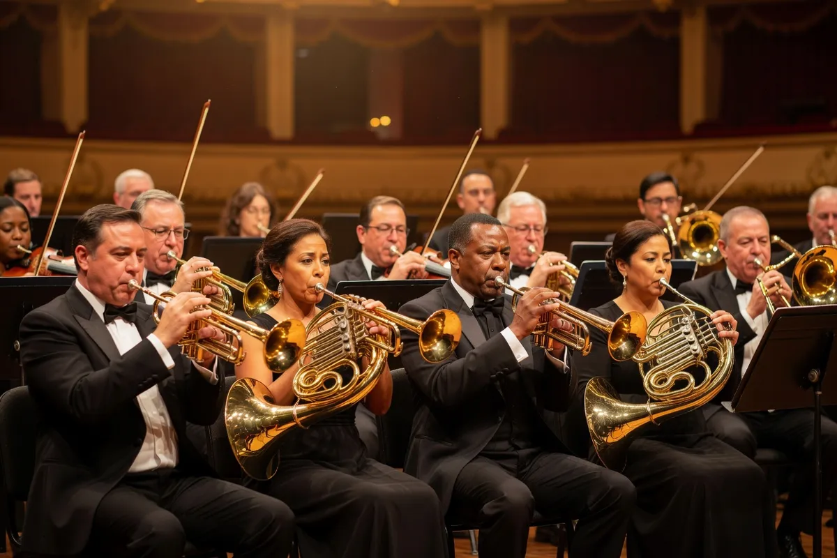 Cuivres d'un orchestre jouant trompettes et cors sous une lumière chaude de scène