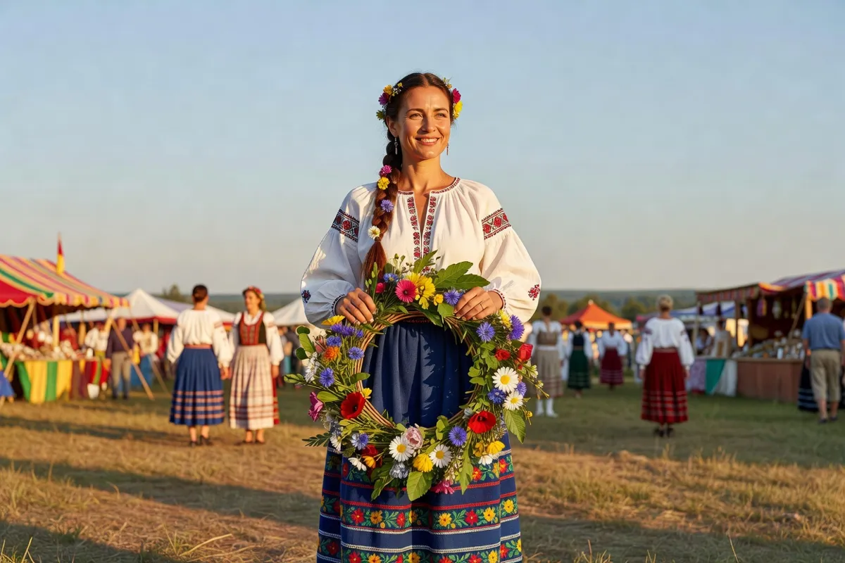 Femme en costume folklorique tenant une couronne de fleurs lors d'un festival d'été