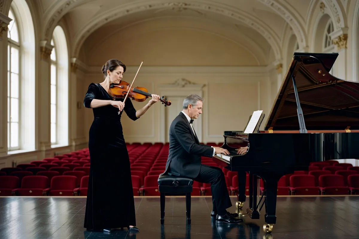 Violoniste et pianiste en duo dans une salle de récital