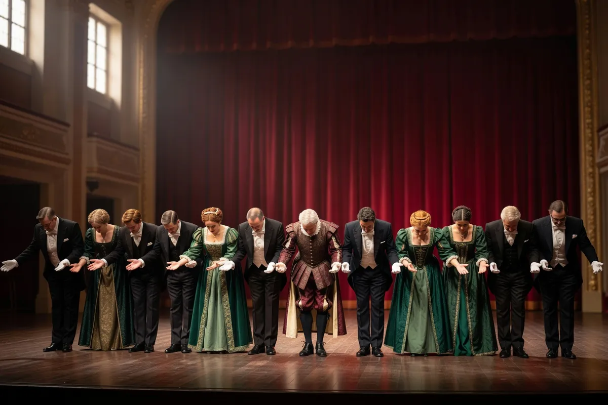 Comédiens en costumes saluant devant un rideau rouge sur une scène de théâtre