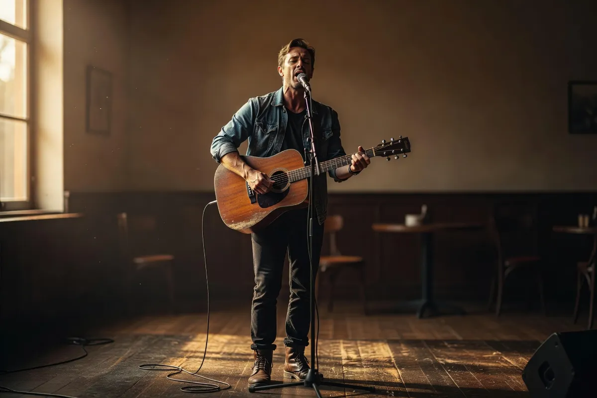 Chanteur à la guitare sur une petite scène sous une lumière chaude
