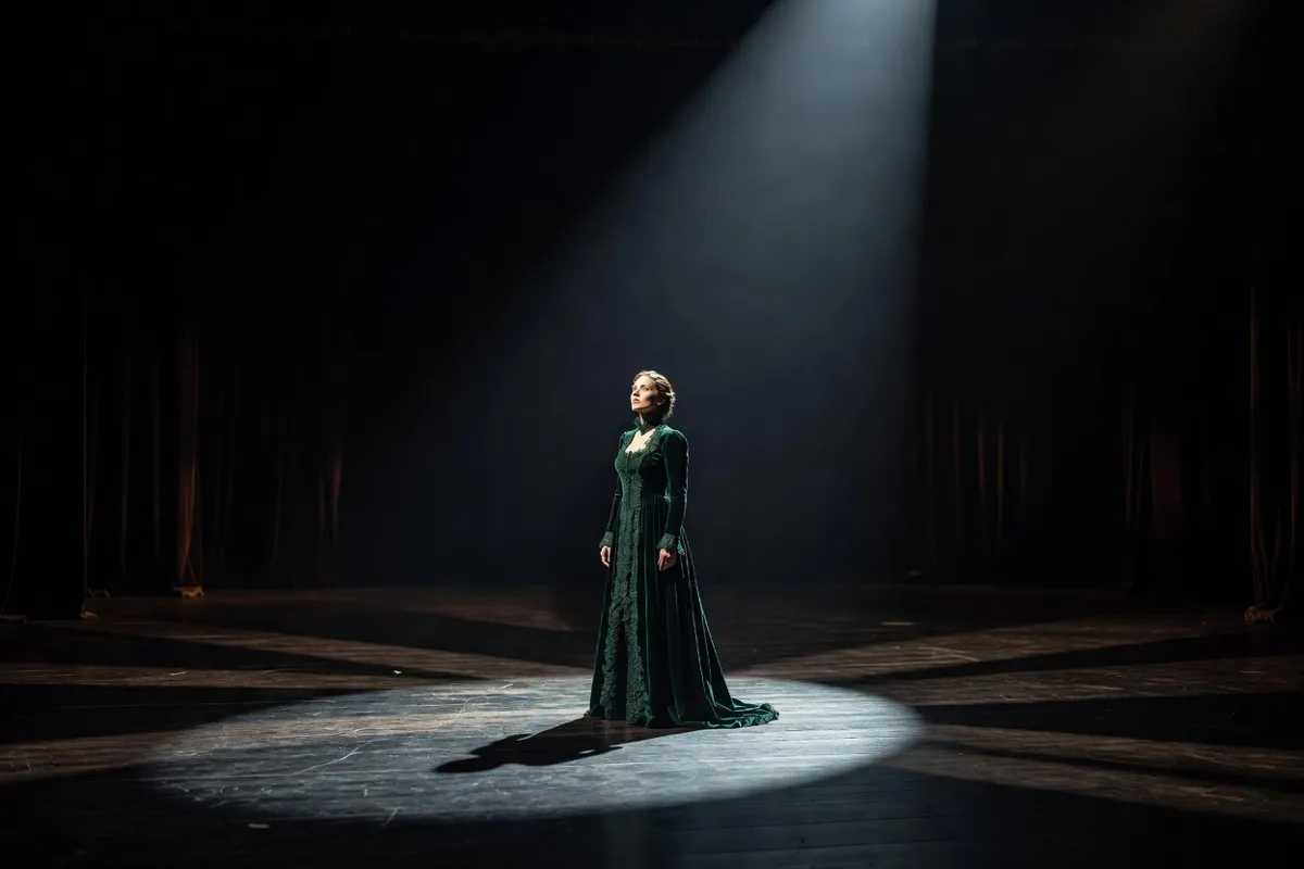 Comédienne en robe d'époque seule sur une scène sombre sous un projecteur