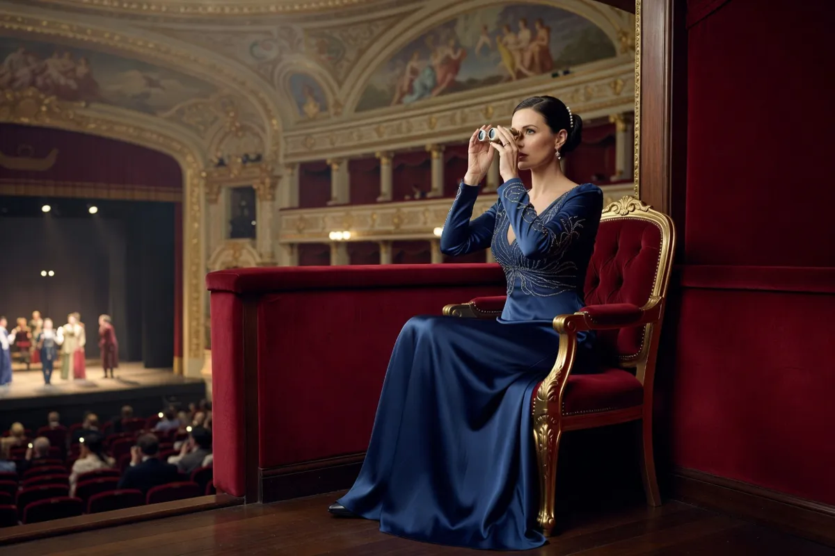 Spectatrice en robe de soirée regardant un opéra depuis une loge avec des jumelles